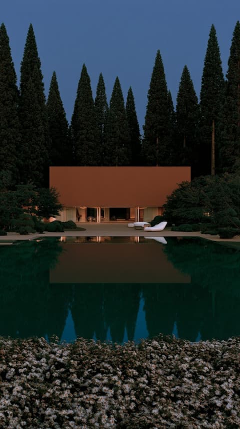 Terracotta Pavilion at Dusk: pavilion, pool — AI-generated Architecture image made with Midjourney